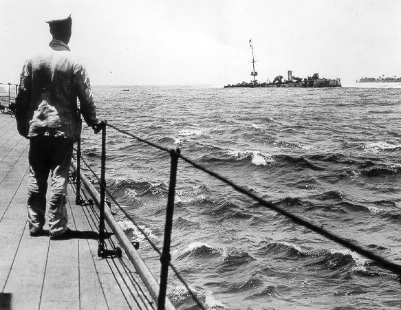 The German ship Emden aground off North Keeling Island| as seen from the deck of the HMAS Sydney.